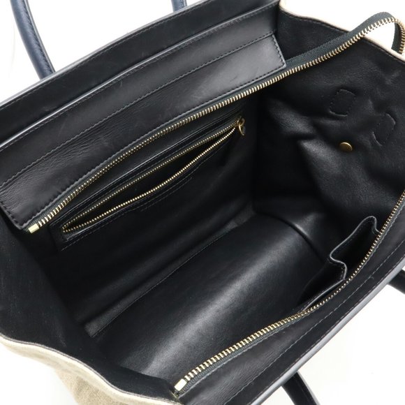 CELINE Luggage Shopper Tote Bag Handbag Linen Leather Beige Black Navy 165212 - Picture 8 of 10